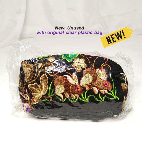 Embroidery Rabbits Floral Fabric Wristlet Pouch Black Brown Red 3-Layer Zippers - Picture 10 of 13